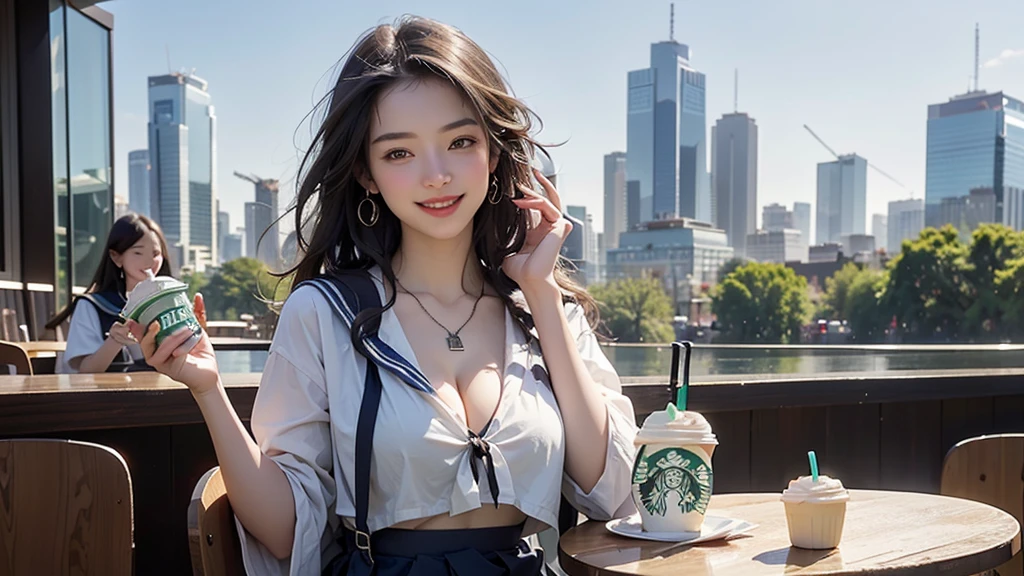 8K、RAW Photos、Highest quality、Super detailed、Super Resolution、Ultra HD、8K壁紙、Amazing details
(((Starbucks outdoor cafe、16 year old high school girl in sailor suit)))、((Eat cake、Drink coffee、smile))、Heart Necklace(Emphasize cleavage)
(Full body photo)
(((Skyscrapers are visible)))
I can see my belly button