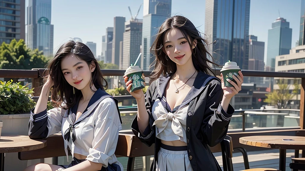 8K、RAW Photos、Highest quality、Super detailed、Super Resolution、Ultra HD、8K壁紙、Amazing details
(((Starbucks outdoor cafe、 high school girl in sailor suit)))、((Eat cake、Drink coffee、smile))、Heart Necklace(Emphasize cleavage)
(Full body photo)
(((Skyscrapers are visible)))
I can see my belly button