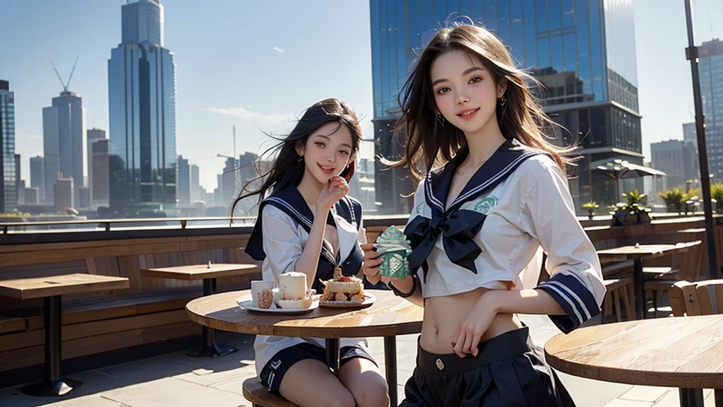8K、RAW Photos、Highest quality、Super detailed、Super Resolution、Ultra HD、8K壁紙、Amazing details blazer uniform girl ((White blouse with formal collar, Blue Blazer,
Red Check Skirt, Red checkered ribbon on blouse)), Complete limbs, Full Finger,
(((((Starbucks)))))、(((((Cafe table with ocean view)))))((16 year old female student))、(((((Eat cake、Drink coffee、smile)))))、(((Heart Necklace、Gold bracelet)))
(((Emphasize cleavage)))
((((Full body photo、The whole body is visible、Full body portrait))))