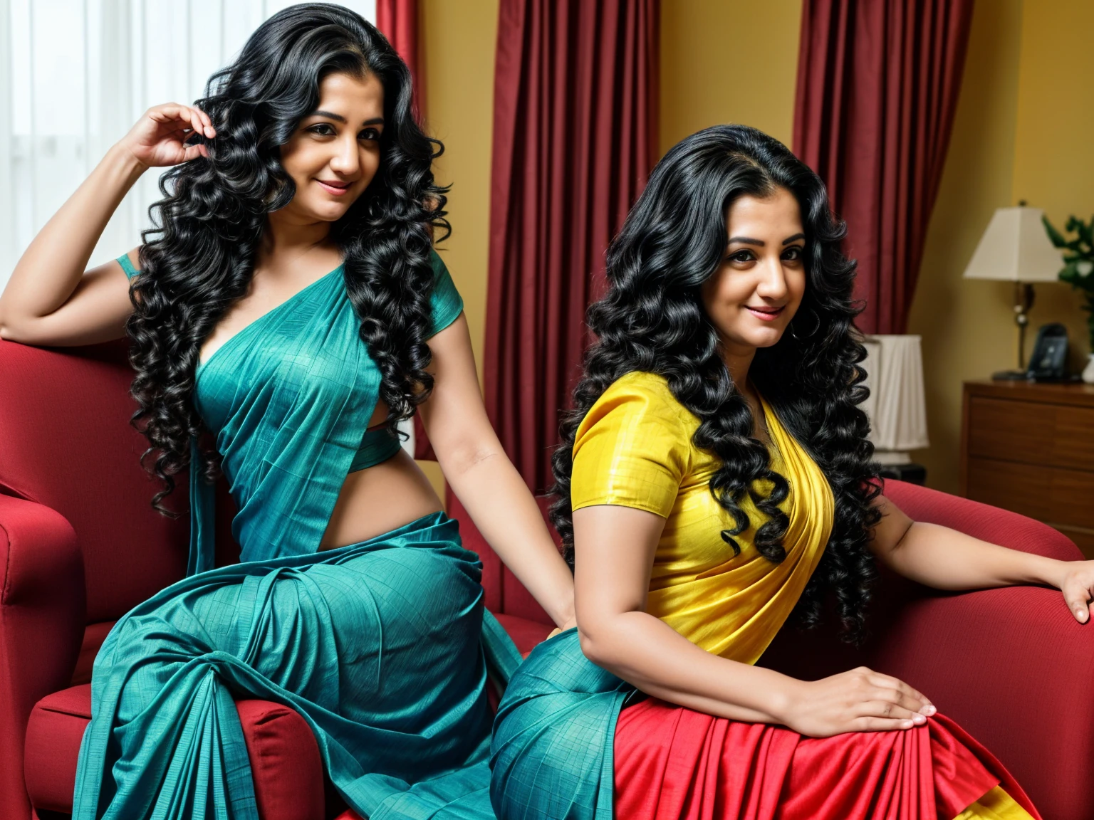 Portrait of Four indian lesbian ladies full body picutre descrbe in here. In boss' room ,while at meeting with lady boss who is 75 years old wearing red color saree having straight tailbome length gray & black color hair.Her one 55 years old lady employeer wearing green color saree(she is having balck straight hair with red lines,curly tailbone length) licking boss' tongue with her tongue out while squezing boss' .The other 40 years old ladyemployer wearing blue color saree (she is having black color curly hair tailbone length) licking her boss' scalp since boss drenched with excesive amount of hair oil while ahe also squeezing boss' . 35 years old boss' lady secretery wearing yellow color saree (she is having blck color rapunzel hair which briaded into conrnrows running comtinuesly till the end of the hair) is squeezimg her own while watching others and her lips are getting wet. Each of four lady' hairs are drenched with 2 liters hair oil in hair,slicked combed,cascade down to back side.The image is shot by vivo Phone 50 MP camera and focal length is 26m. Set the other parameters as required so that the image looks too much natural.make all four ladies detailed in one picture.