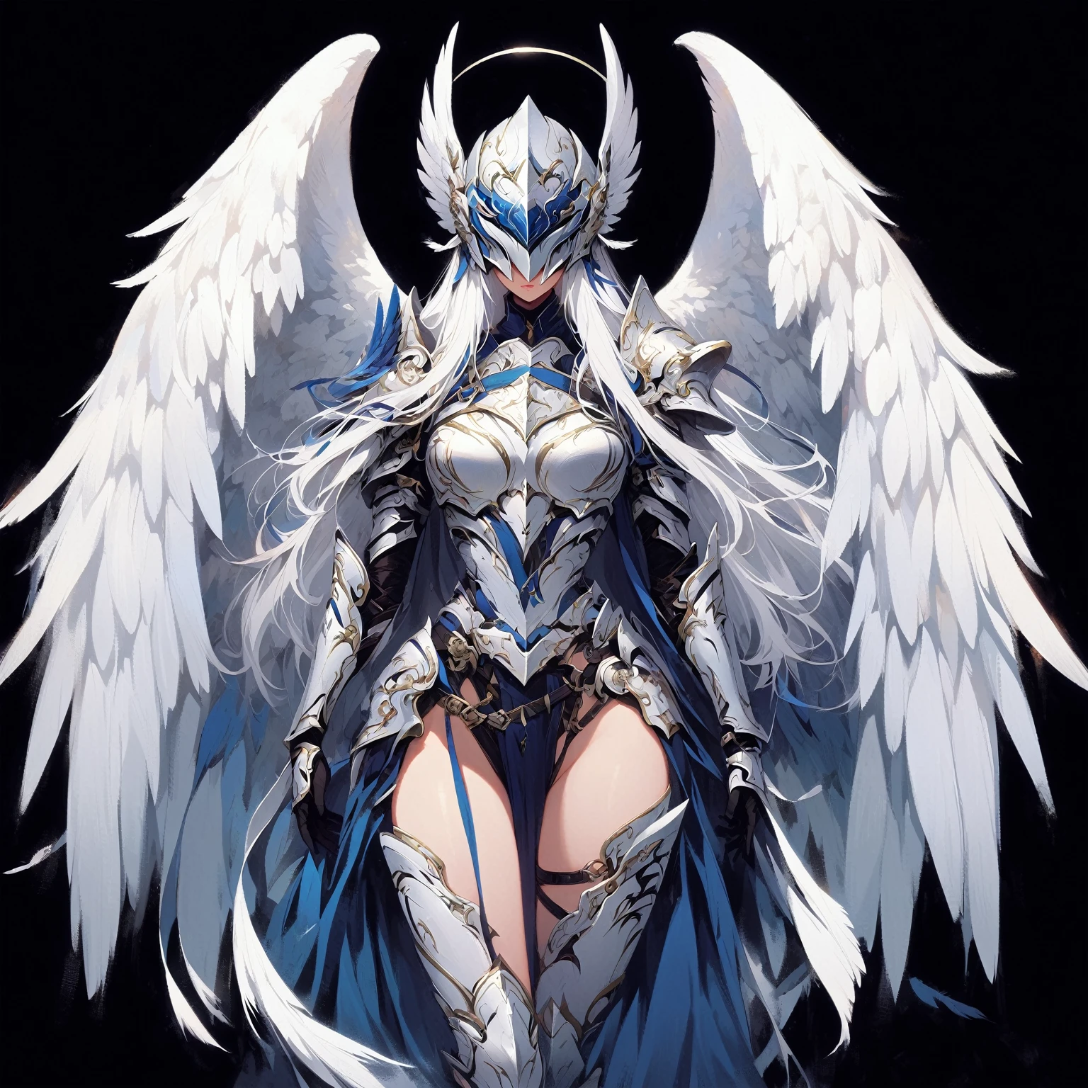 1 Female angels，Winged helmet covering the eyes_wings armor feathers_Long wing feathers_Hair Shoulder Armor Shoulder_Armor single piece_Upper wing separation_The body is white_Theme blue_Wings Wings