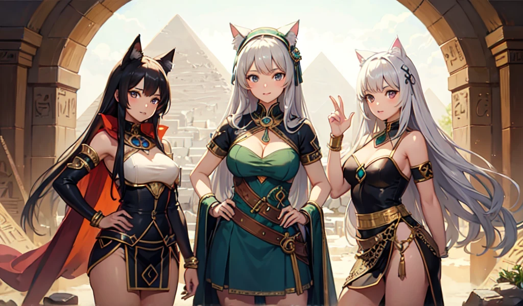 ((Highest quality)), ((masterpiece)), (detailed), 1 Cat Ear Female, celtic costume,Egypt,desert,Remains,pyramid