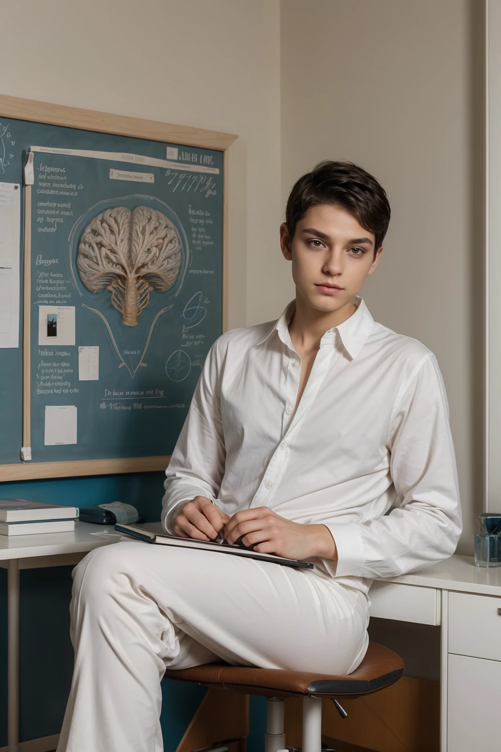 A young male twink, 22 years old, with a cute, angel-faced face with makeup and black hair, wearing a luxurious, long-sleeved, white shirt and brown medieval pants. Behind him is a blackboard with the shape of the brain, its anatomy, and brain cells written on it. He looks proudly as he sits at a desk with medical tools on it. He has an innocent face