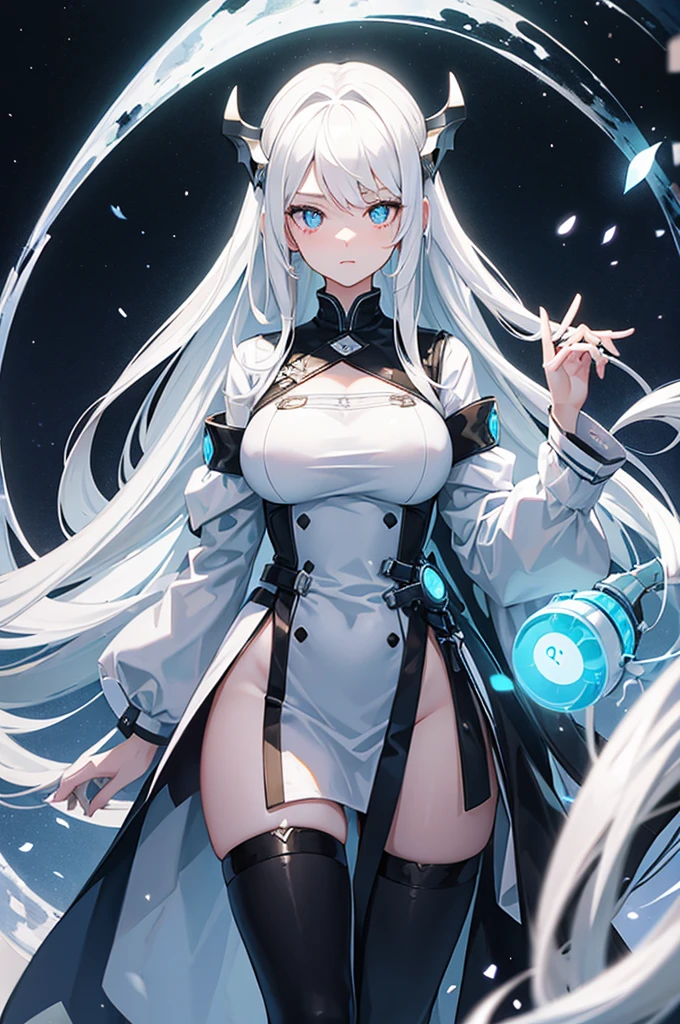 A girl,White long hair,Dissemination,Light blue pupils,Big breasts,,Humanity,A bit dull,mild