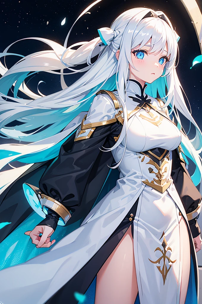 A girl,White long hair,Dissemination,Light blue pupils,Big breasts,,Humanity,A bit dull,mild