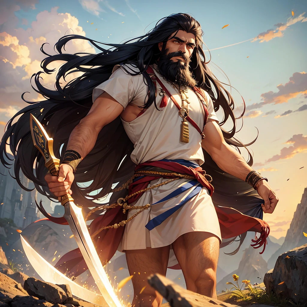 An indian man, long hair and beard, holding a battle axe