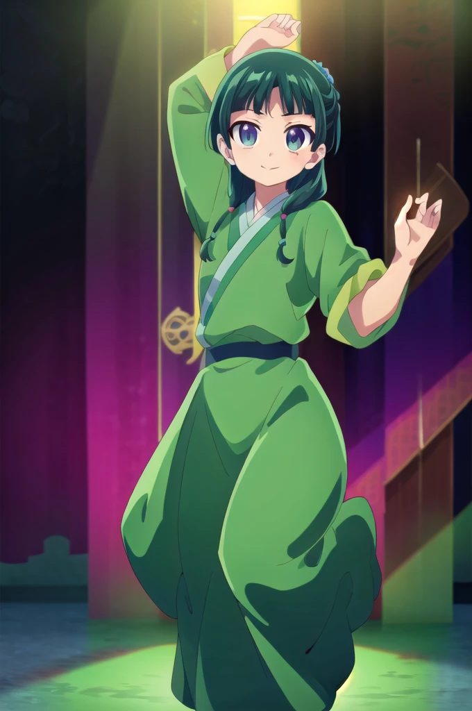 1girl,solo,full body,standing,(beautiful fingers),masterpiece,best quality,(Ultra high definition eyes:1.2),8k,(Beautiful detailed eyes:1.2),(Fine and beautiful eyes:1.2),(pretty eyes:1.2),finely detail,extremely CG, absurdres,high resolution,illustration,Detailed and beautiful outlines,finely detail,high resolution,(colorful refraction:1.4,Increase saturation:1.2),beautiful lighting,dynamic lighting,closed room,black background,simple background, smile,looking at viewer,maomao,green hanfu, red long skirt,