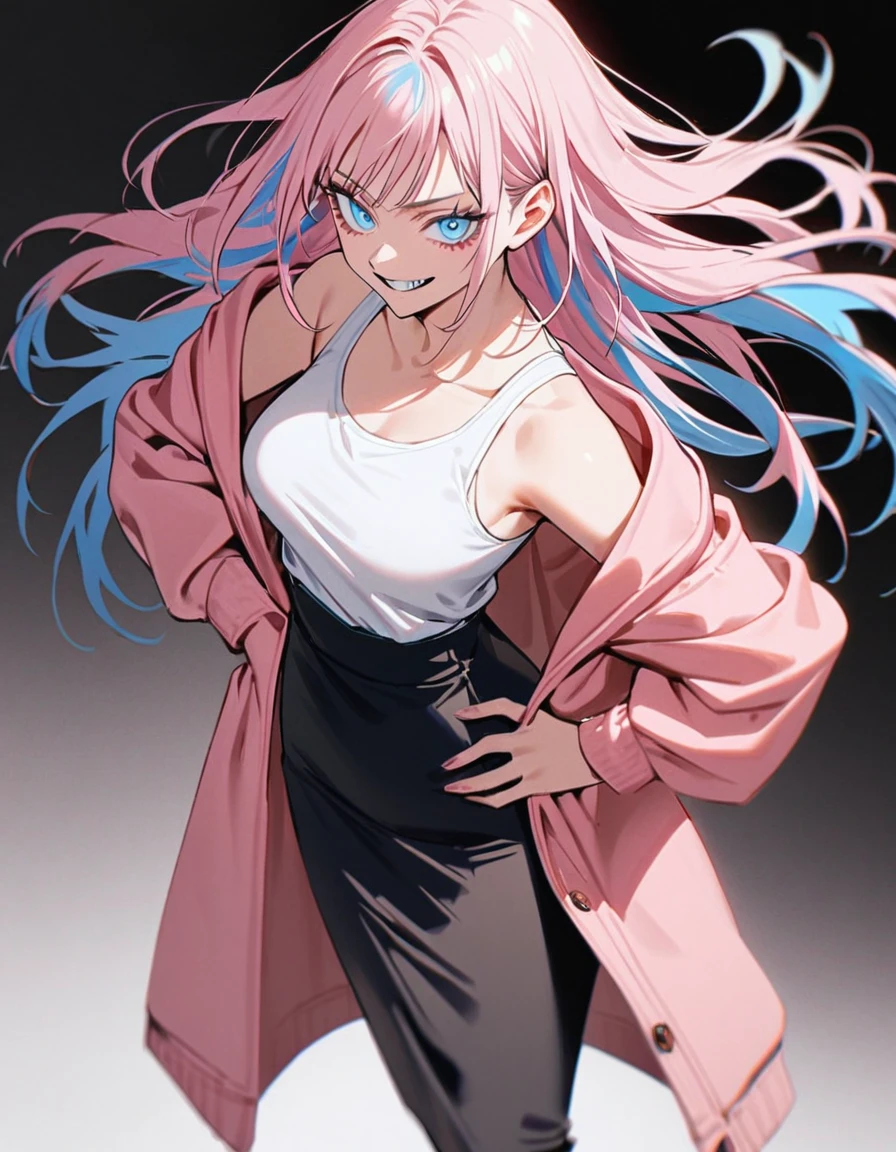 1 woman in jujutsu kaisen style, long hair, light pink hair, hair with blue tips, multicolor hair,light blue eyes,white blouse with tank top, pink jaket, Black Skirt, White shoe, hand on the waist, Grinning, White background, fully body