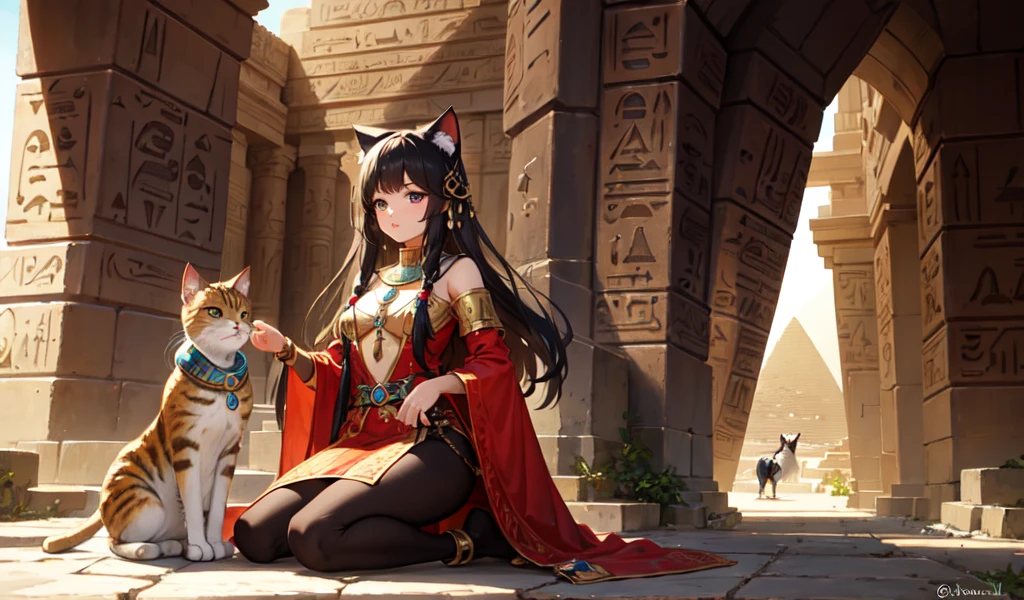 ((Highest quality)), ((masterpiece)), (detailed), 1 Cat Ear Female, celtic costume,Egypt,desert,Remains,pyramid