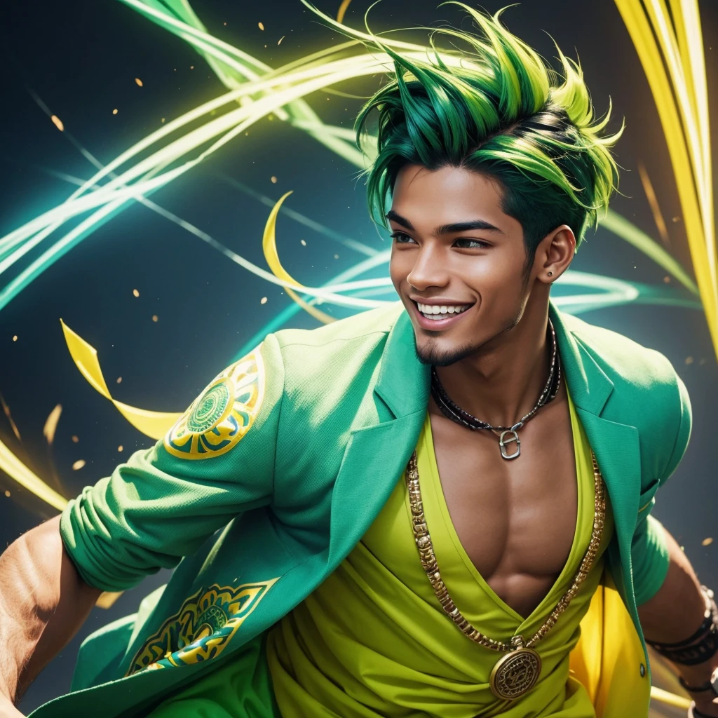 Create an image of a young male activist wearing vibrant green clothing. He should be in a dynamic, energetic pose, creatively inspiring and exciting a diverse group of people around him. The setting should be lively and colorful, reflecting a sense of enthusiasm and creativity. Include elements that highlight his charismatic and motivational personality, such as expressive gestures, an engaging smile, and vibrant surroundings filled with creativity and positive energy.