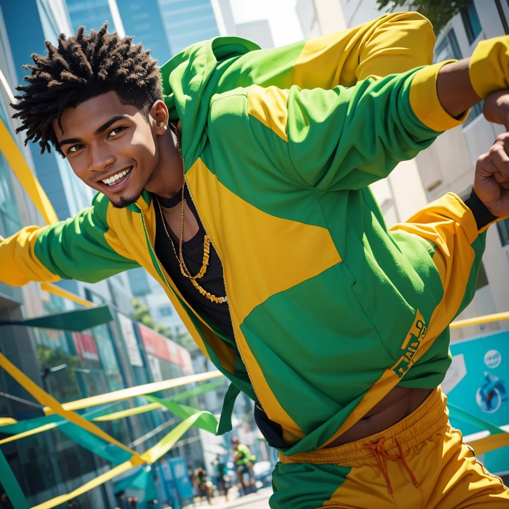 Create an image of a young male activist wearing vibrant green clothing. He should be in a dynamic, energetic pose, creatively inspiring and exciting a diverse group of people around him. The setting should be lively and colorful, reflecting a sense of enthusiasm and creativity. Include elements that highlight his charismatic and motivational personality, such as expressive gestures, an engaging smile, and vibrant surroundings filled with creativity and positive energy.