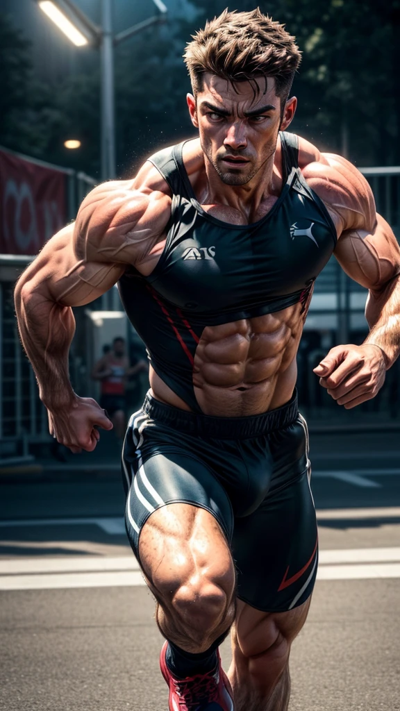 muscular athletic men, strong muscular body, dynamic running pose, powerful physique, marathon runner, detailed facial features, rugged handsome face, sweat glistening skin, prime physical condition, dramatic lighting, cinematic angle, high contrast, warm color palette, dramatic shadows, (best quality,4k,8k,highres,masterpiece:1.2),ultra-detailed,(realistic,photorealistic,photo-realistic:1.37)