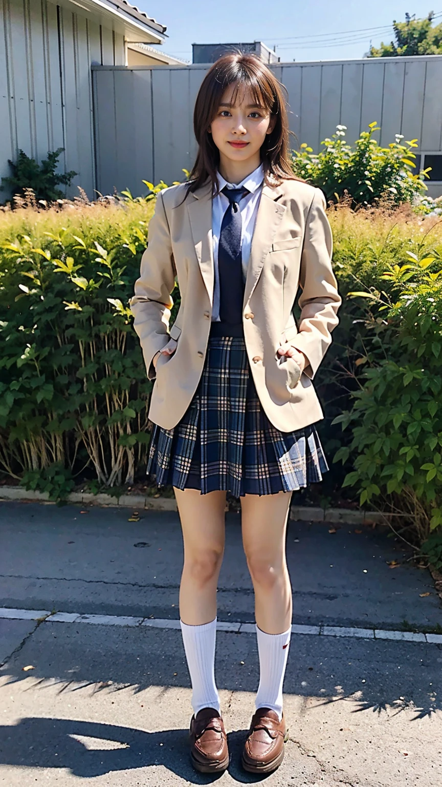 (8K、RAW Photos、Highest quality、masterpiece:1.2)、(Realistic、Realistic)、1 Girl、((Black Check Mini Skirt、High School Uniform、blazer、Navy Socks、loafers、Medium Hair、garden、View from the front、Looking into the camera、Stand with hands on hips))、cute