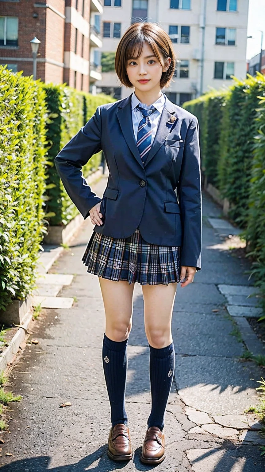 (8K、RAW Photos、Highest quality、masterpiece:1.2)、(Realistic、Realistic)、1 Girl、((Black Check Mini Skirt、High School Uniform、blazer、Navy Socks、loafers、Medium Hair、garden、View from the front、Looking into the camera、Stand with hands on hips))、cute