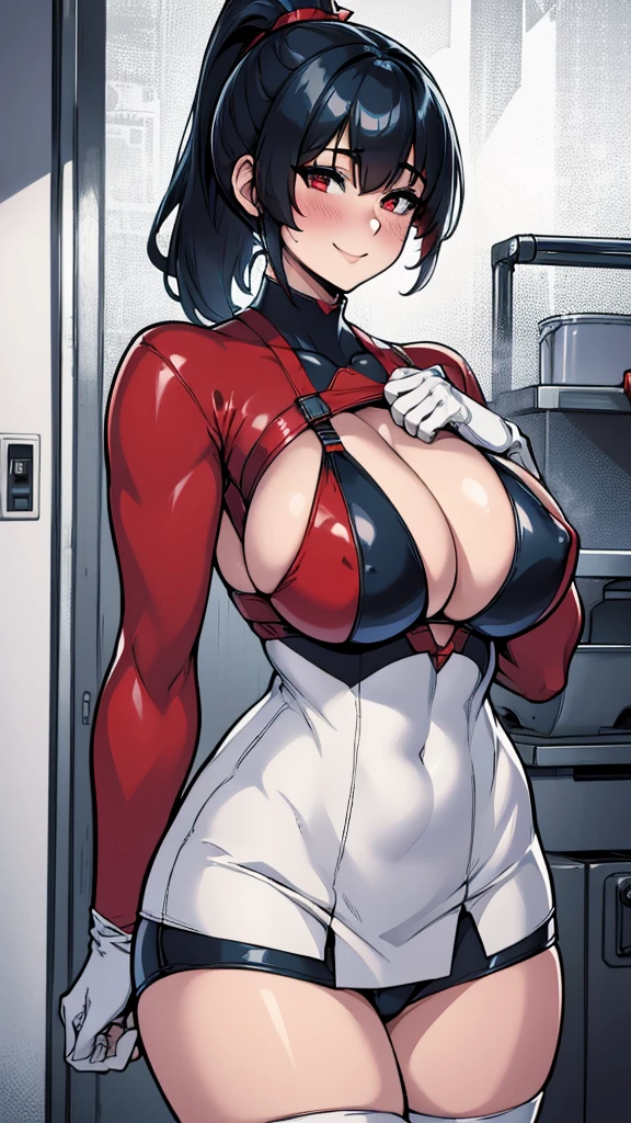 18-year-old girl，Baby Face，Crimson short-haired，ponytail hairstyle，Smile，Huge breasts，cleavage，Sheer red sleeveless top，Leave space in the middle to reveal cleavage，Soaked all over，Blushing，Red eyes，Female spy，Red miniskirt，White gloves，White hand sleeves，White boots，Science fiction，Future，Inside the robot warehouse，robot driver，Pistol hanging on waist，No bangs