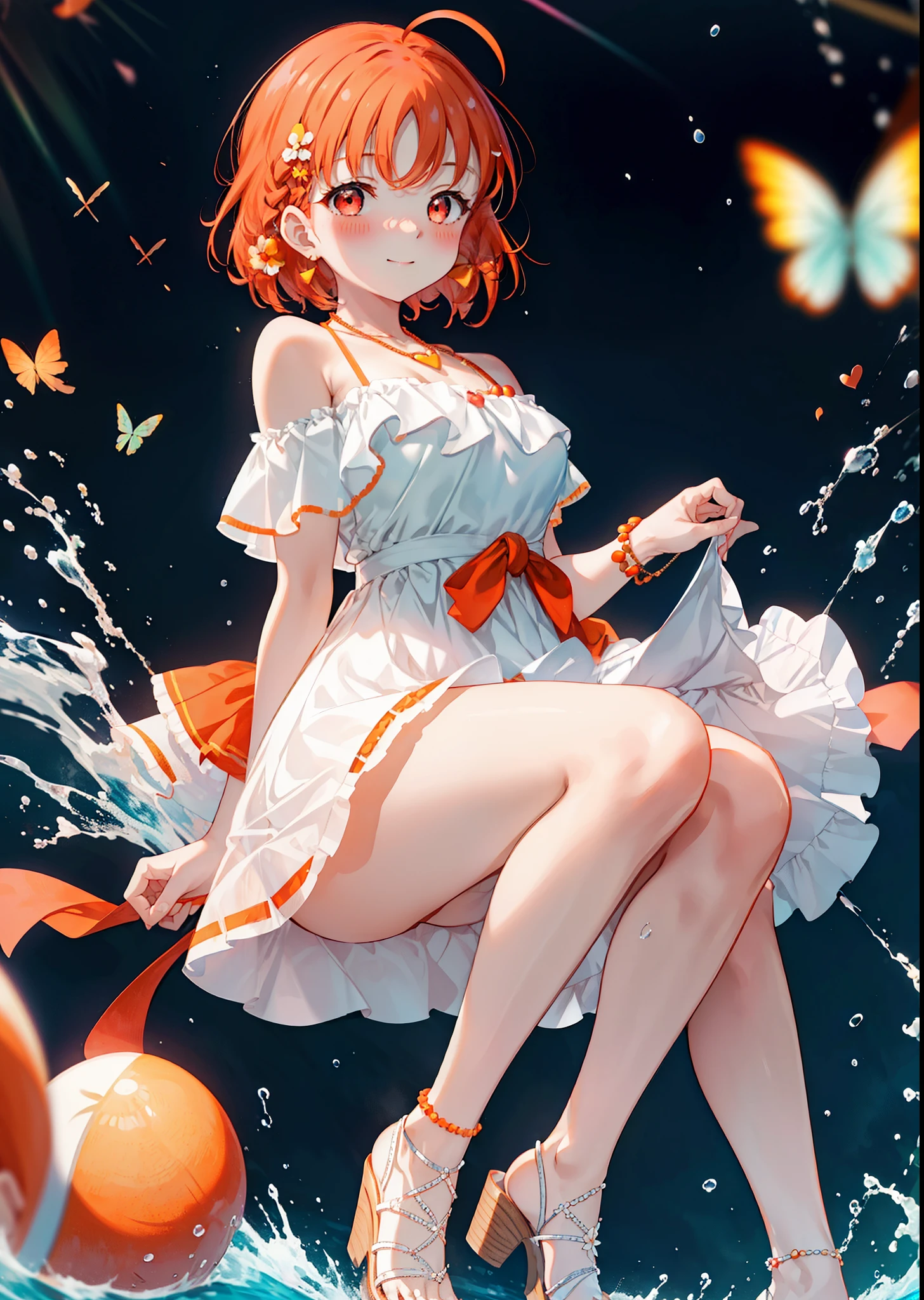 chika takami,Orange Hair,Ahoge,Red eyes,smile,blush,Orange off-shoulder dress,Bare shoulders,bare clavicle,Bare neck,Short sleeve,Heart-shaped necklace,Long skirt,Cute heeled sandals,Walking,Daytime,Clear skies,whole bodyがイラストに入るように break outdoors, Building district, break looking at viewer, whole body, break (masterpiece:1.2), Highest quality, High resolution, unity 8k wallpaper, (figure:0.8), (Beautiful attention to detail:1.6), Highly detailed face, Perfect lighting, Highly detailed CG, (Perfect hands, Perfect Anatomy),