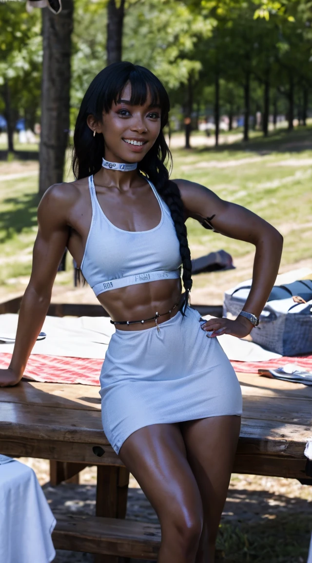 (Muscular:1.7), (thick thighs:1.6),
(african-american female, ebony.plus), (blunt bangs, double braids:1.3), (hair bow),
(glasses), earrings, eyeshadow, lipstick,
detailed eyes, (big smile:1.5), detailed skin,
(hard protruding nipples:1.2),
(choker, wearing a light blue sundress at a picnic table, midriff:1.5),
(upper body view, three quarter view), (looking at viewer:1.5),
(park), rim lighting, two tone lighting, dimly lit