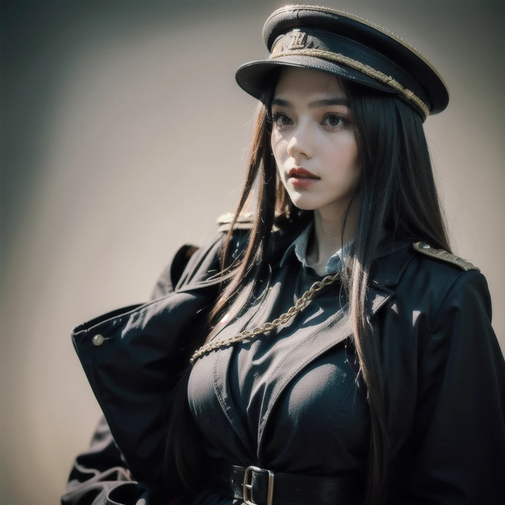 HDR, very detailed, Extra resolution, Masterpiece. 8k hd, a woman wearing a black gothic style military uniform, black military hat with gold details, iron cross symbol on the military hat, hips up, big breasts, 25 year old woman, beautiful face, Special face details, realistic, Red lips, black outfit, white coat, black hair, Dark theme, barrack, intense stare, elegant gesture, flowing dress, Detailed facial features, Long eyelashes, contrast, great details, Incredible atmosphere, Gothic style, black and white plate, Fascinating setting, Haunting beauty,