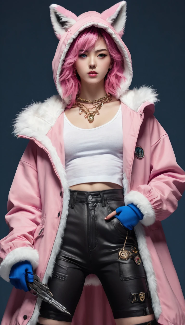 Ultra-realistic CG K ,((premium、8k、32k、Masterpiece)), (superfine illustration)、(súper high resolution), (((body adulto))), (Masterpiece, Best Quality:1.2), ((Masterpiece, of the highest quality, Maximum image quality, high resolution, photorealistic, photo and gross, 8k)),Oh, league of legend, sexy for, wallpapers, detailed eyes, fox ear, (fox tails), a skirt, (long pink fur), medium breasts, Looking at_It is shown in_Looking atl espectador, short_Hair, gloves, belly button, fail, Blue_there are eyes, Eternal, full_body, weapon, Footwear, Necklaces, negro_gloves, pulp, hooded, Hair_overcome_Yoon_there are eyes, cultivator_above, Hoodie, negro_pants, sneakers, cut_Jacket, cyber punk character, cut_Hoodie