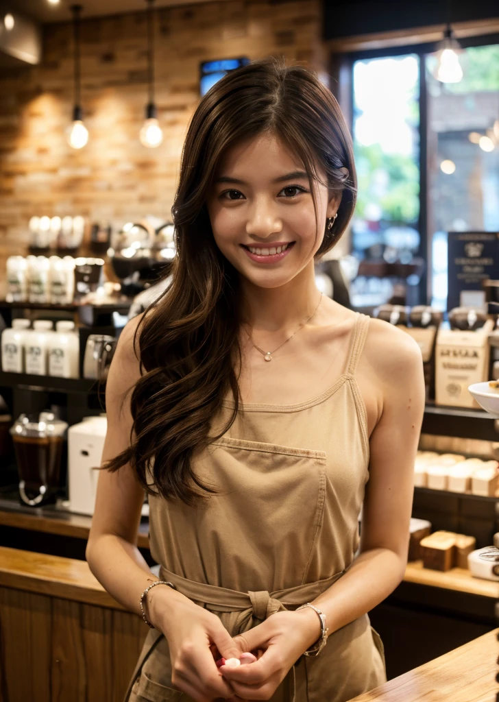 （Realistic, photo-Realistic:1.37),(8K, RAW Photos, Highest quality, masterpiece:1.2),  Ultra-detailed, 超High resolution, Kodak Vision Color, Filmed with an Arricam LT camera,Highest quality, Lively, 8K, High resolution, Escape, (Professional Lighting), (Portraiture:0.6), Brown Hair,22 years old、slender、Cafe staff、Stylish cafe、Starbucks Coffee Capacity、Making coffee、Inside the store、Japanese、Upper body close-up、Smile happily、