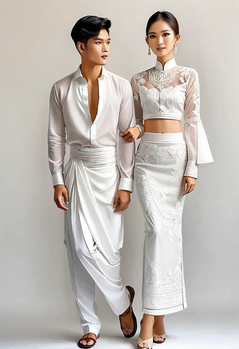 candid fashion illustration of two young man and women, 20 year old, adorned in a meticulously crafted North Thai traditional outfit, ((showcase fashion in a Northern Thai style, cotton handwoven in white color)), simple elegant and luxury style, The man wears a simple long-sleeved white shirt with minimal details, paired with white Tailor pants, and shoes, The woman complements him with white tubular skirt or Sarong with simple patterns, ankle-length, fitted intricately decorated blouse that complements the skirt. Captured in a low angle, ((full-body image)), stands gracefully against the white backdrop. Their attire simple with intricate embroidery and white accents, each element carefully chosen to reflect the rich Lanna cultural heritage, ((white studio background)), realistic color pencil lines, perfect drawing, charcoal lines, fading sketch, quick Sketch, soft light, fashion illustration, fashion sketching