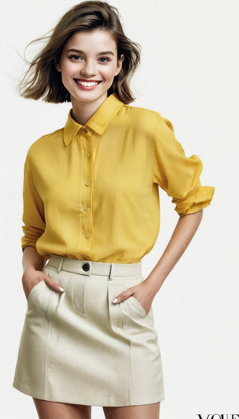 1 girl, realist, standing, Photo, Beautiful yellow blouse, mini skirt, Looking beyond the viewer, female, SMILE, Photorealism, fashion design, simple white background, (Perfect face:1.4), model, Vogue magazine cover