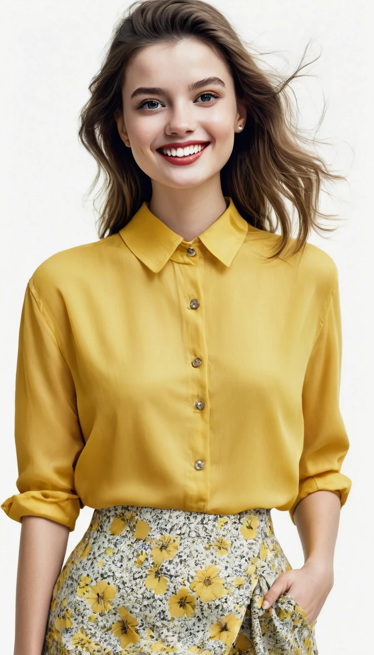 1 girl, realist, standing, Photo, Beautiful yellow blouse, mini skirt, Looking beyond the viewer, female, SMILE, Photorealism, fashion design, simple white background, (Perfect face:1.4), model, Vogue magazine cover