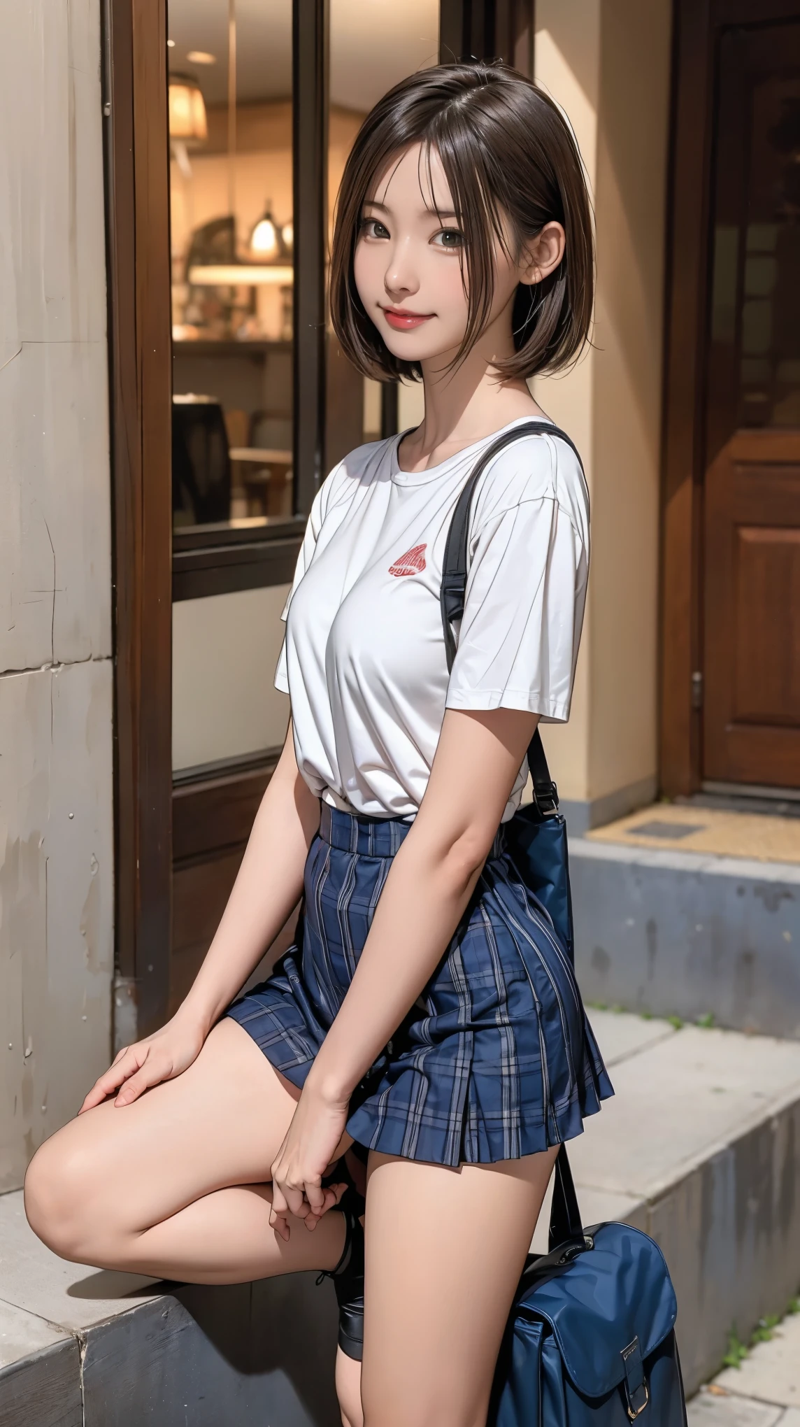 ((masterpiece)),(((Highest quality))),Thin thighs,Long legs,An 18-year-old high school girl standing on the school steps,White shirt,Blue and white plaid mini skirt:1.5,The best smile,Short bob with side waves:1.5,Carrying a black backpack,wear black loafers,Facing the front and spreading legs:1.5,