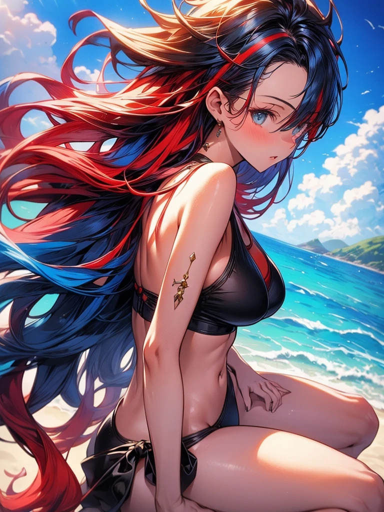 (masterpiece, best quality), 1girl, solo, (red streaked hair), (blue hair), green eyes, slim, large breasts, long hair, sexy, bikini, beach, stretching