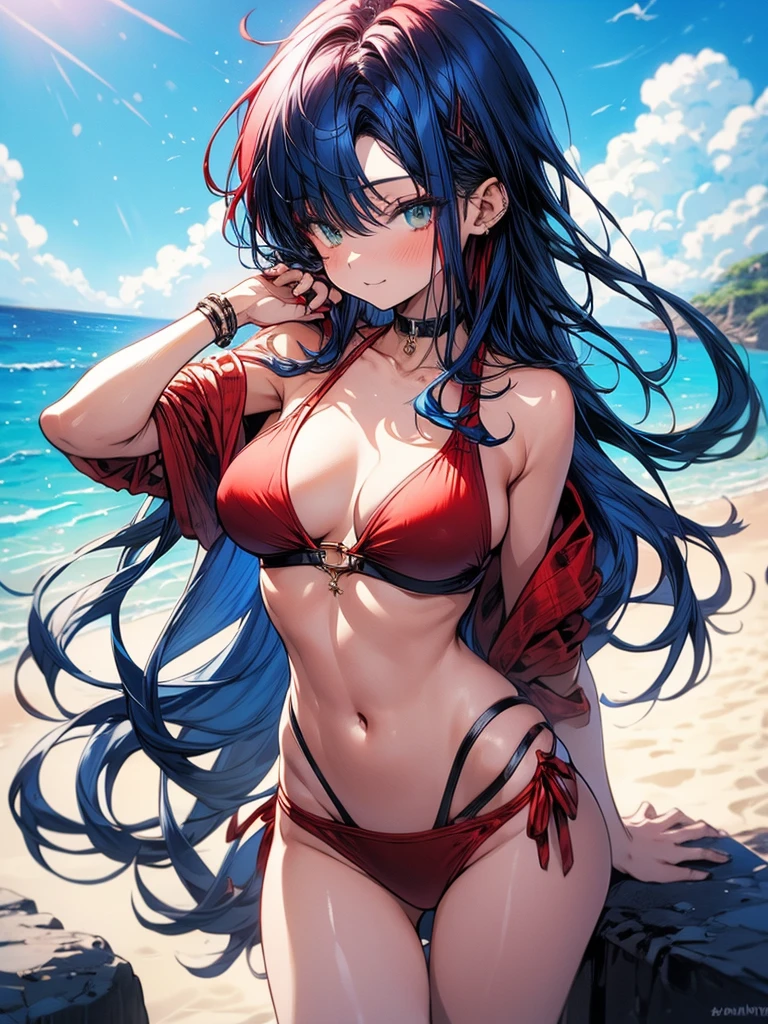 (masterpiece, best quality), 1girl, solo, (red streaked hair), (blue hair), green eyes, slim, large breasts, long hair, sexy, bikini, beach, stretching