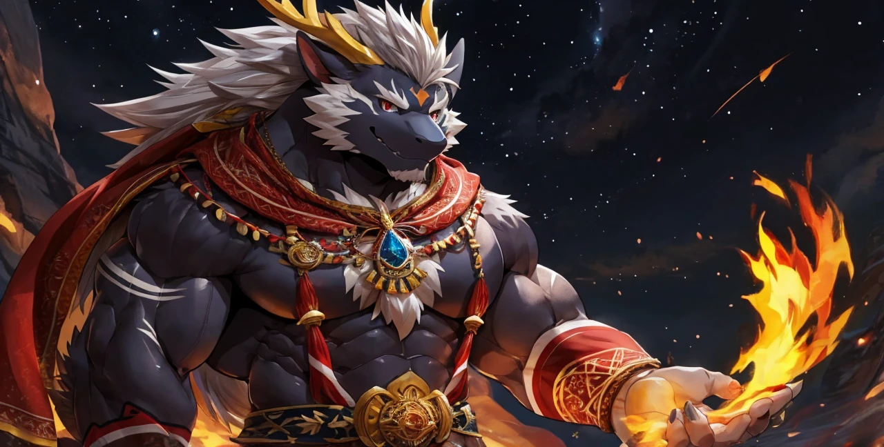 Solo, dragon, white dragon, eastern dragon male, gray hair, white body fur, muscular male, elder male, light red eyes, wearing nothing,gray fur tuft, eastern necklace, star night background, ( by Sollyz, masterpiece, 8k, hd), Looking at viewer, smiling, detailed face, detailed eyes, detailed hair, detailed muscles, detailed clothes, Genshin, nsfw, nude lower body, big penis, jerking cock, cum on full body,