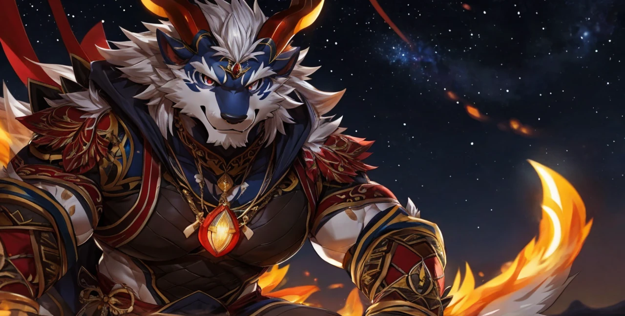 Solo, dragon, white dragon, eastern dragon male, gray hair, white body fur, muscular male, elder male, light red eyes, wearing nothing,gray fur tuft, eastern necklace, star night background, ( by Sollyz, masterpiece, 8k, hd), Looking at viewer, smiling, detailed face, detailed eyes, detailed hair, detailed muscles, detailed clothes, Genshin, nsfw, nude lower body, big penis, jerking cock, cum on full body,