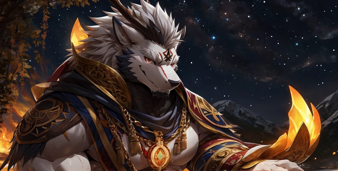 Solo, dragon, white dragon, eastern dragon male, gray hair, white body fur, muscular male, elder male, light red eyes, wearing nothing,gray fur tuft, eastern necklace, star night background, ( by Sollyz, masterpiece, 8k, hd), Looking at viewer, smiling, detailed face, detailed eyes, detailed hair, detailed muscles, detailed clothes, Genshin, nsfw, nude lower body, big penis, jerking cock, cum on full body,