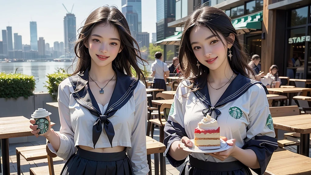 8K、RAW Photos、Highest quality、Super detailed、Super Resolution、Ultra HD、8K壁紙、Amazing details
(((Starbucks outdoor cafe、16 year old high school girl in sailor suit)))、((Eat cake、Drink coffee、smile))、Heart Necklace(Emphasize cleavage)
(Full body photo)
(((Skyscrapers are visible)))
I can see my belly button
