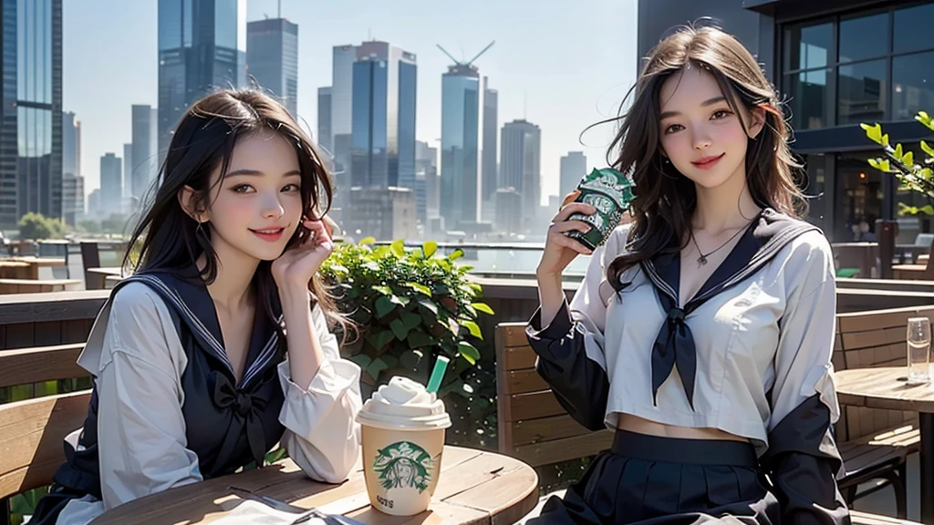 8K、RAW Photos、Highest quality、Super detailed、Super Resolution、Ultra HD、8K壁紙、Amazing details
(((Starbucks outdoor cafe、16 year old high school girl in sailor suit)))、((Eat cake、Drink coffee、smile))、Heart Necklace(Emphasize cleavage)
(Full body photo)
(((Skyscrapers are visible)))
I can see my belly button