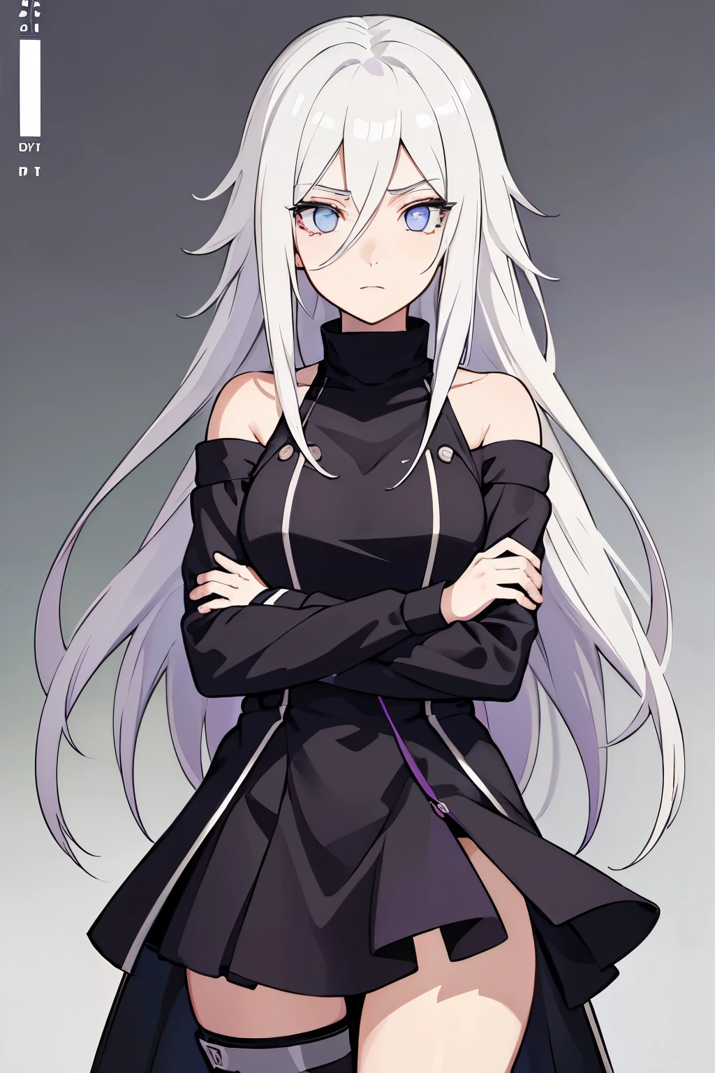 (high-quality, breathtaking),(expressive eyes, perfect face) portrait, Symmetrical Eyes, 1girl, female, solo, teenager, short height, white hair, white coloured eyes, byakugan, anime naruto art style, long hair, fluffy hair, feminine face, grey background, detailed eyes, hyuga, Ōtsutsuki, naruto ninja attire, neutral expression, soft smile, purple and black clothing, white trim, long sleeves, white dress, hair between eyes, bare shoulders, jacket
