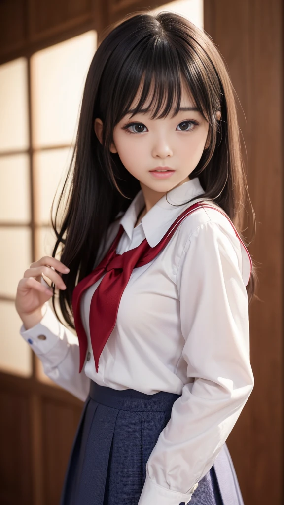 8K, Highest quality, masterpiece:1.2, RAW Photos, 1peopleの女の子, (Cute school girl, beautiful girl, Baby Face), (Skin Dentition), night, (dark), Clear background indoors, (people々), Beautiful Bangs, nice,, (Clothing and uniforms:1.3), Soft lighting, Attractive breasts, ((怪しいdark部屋)), (Mouth closed:1.2, Beautiful Eyes, Fine grain, Detailed Iris, Beautiful Lips, Beautiful Nose, Beautiful Face), (primary color:1.5)