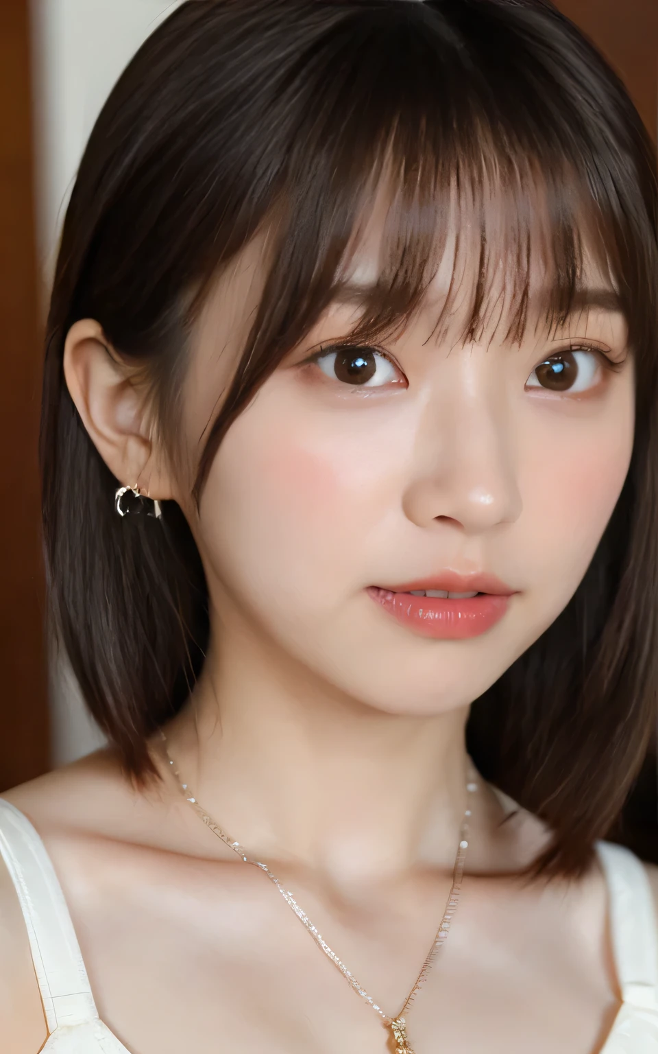 4086kbit，Attention to detail，The Truth About Skin and Skin Texture,

(8K, RAW Photos, Highest quality, masterpiece:1.2), Super detailed, Super Resolution, (Realistic, Realistic Photo:1.37), Portraiture, High-definition RAW color photos, Professional photos, Very detailed and beautiful, Very detailed, 8k wallpaper, Wonderful!、Detailed, Large file size, Official Art, highly detailed CG unity 8k wallpaper, Very detailed美Shii女の子, Very detailed顔, Very detailed目, Very detailed肌, Very detailed指, Very detailed鼻, Very detailedDetailed口 , Perfect Anatomy, Very detailed背景, Very fine clothing, One girl, (20:1.2), 20th Generation, cute girl, Realistic body, , Fair skin, Glowing Skin , The body is slim, Handsome body, Black Hair , short hair, (Blunt bangs:1.2), smile, cute, like々Shii, cute face, Realistic Face, Delicate eyes, Droopy eyes, lingerie, See-through, Earrings, View your viewers, Cowboy Shot, Look forward, Standing posture, Opposition, Dynamic Lighting, Very large breasts, Cowboy Shot,

22 years old, Beautiful female college student, Naughty lips, Sexy body, Look to the side:1.2)),
((Small breasts, Flat Chest, chest is slightly drooping, slightly open your lips:1.2,

Eye focus, Narrow shoulders, Beautiful Shii collarbone, Thin arms, Thin legs, The back of the hand is beautiful and feminine., Slim figure, Soft belly, Tight waist, Very detailed顔, super detailed breasts, Ultra Detailed Muscle, Fair skin, Shiny skin, Ultra-detailed lips, Fuller lips, Thick and soft lips, Glossy pink lips, Blushing, White teeth, blue eyes, Beauty Shii actress makeup, Dark and cute makeup, Pink lipstick, Dark brown hair, Delicate and soft hair, (Put your hair up, Fluffy short bob:1.2), (Sweep your bangs to the side:1.2), (Stylish Earrings,necklace:2),
