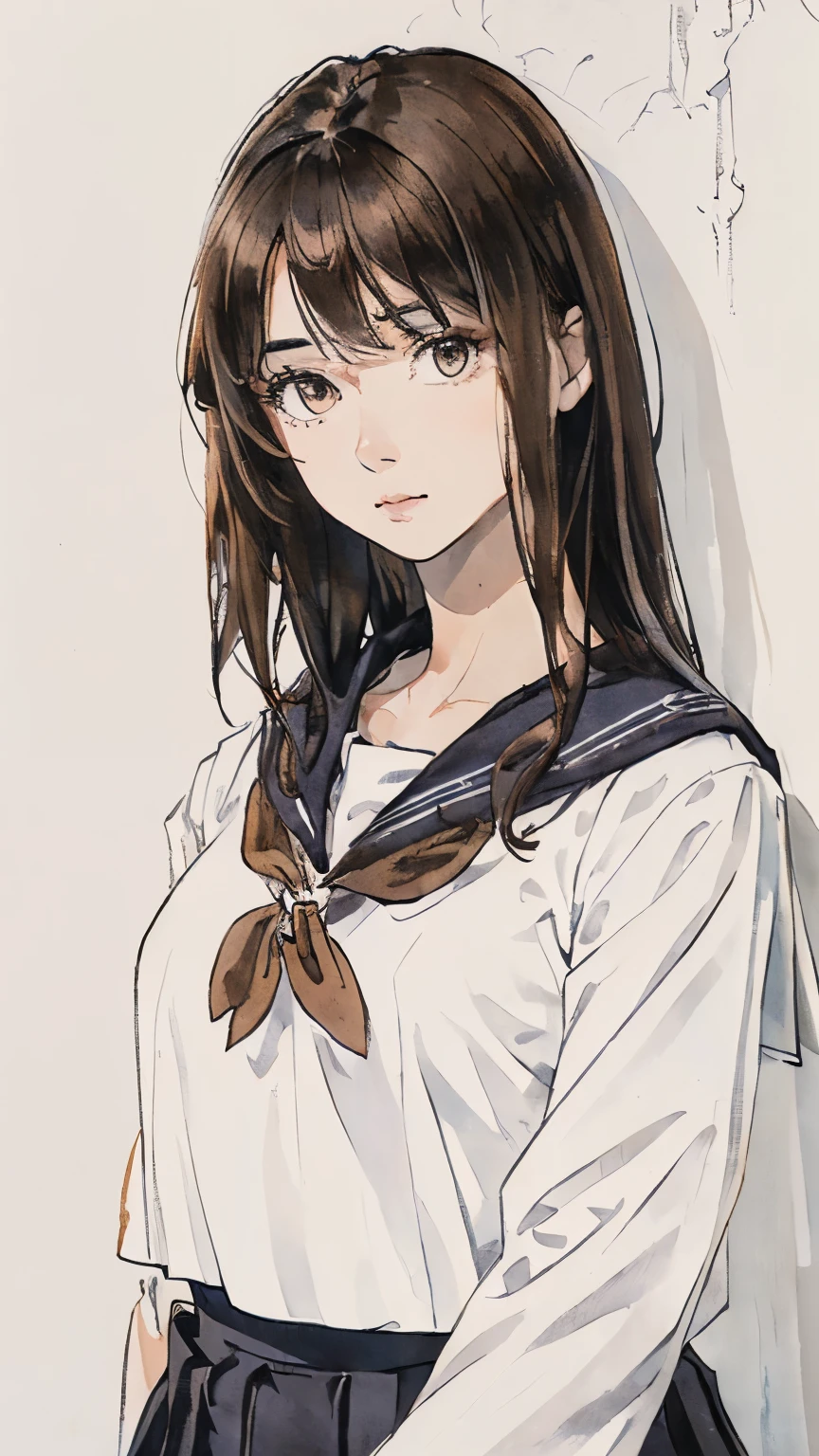 (Highest quality、8K、32k、masterpiece)、(Realistic)、(Realistic:1.2)、(High resolution)、Very detailed、Very beautiful face and eyes、1 Girl、Round and small face、Tight waist、Delicate body、(Highest quality、Attention to detail、Rich skin detail)、(Realistic、Realistic:1.37)、Bright colors、(((Brown Hair)))、(((Upper Body Shot)))、(((Medium Hair)))、(((Brown Hair)))、(((Fair skin)))、(((White wall background)))、(((White wall background)))、(((am worried)))、(((Short-sleeved sailor suit)))、(((Wear a sailor suit)))、(((Black pleated skirt)))、(((Touching my chin)))