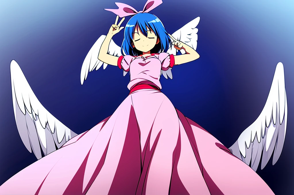 masterpiece, best quality, 1girl, , , 10 years old, medium blue hair, hair flaps, pink ribbon on head, well-formed face, blue eyes, angel girl, white blouse, puffy short sleeves, red ribbon, angel wings, long white skirt, red shoes, frills, ribbon head, from behind, to lift up one’s skirt, cowboy shot, from front, standing , raise one leg, crossed arms, arms up behind, arms behind back, hand between legs, put hands hip, one hand on hip, forward hands, arms raised in the air, punch hands, peace sign, waving, put up index finger, sit, lie down, closed eyes, lie face down, looking back, put one hand chest, leaning forward, cleavage, close up, horizontally outstretched arms, horizontally outstretched legs, front view, front face