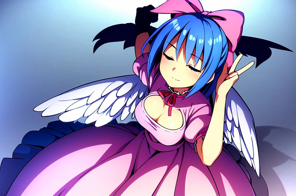 masterpiece, best quality, 1girl, , , , medium blue hair, hair flaps, pink ribbon on head, well-formed face, blue eyes, angel girl, white blouse, puffy short sleeves, red ribbon, angel wings, long white skirt, red shoes, frills, ribbon head, from behind, to lift up one’s skirt, cowboy shot, from front, standing , raise one leg, crossed arms, arms up behind, arms behind back, hand between legs, put hands hip, one hand on hip, forward hands, arms raised in the air, punch hands, peace sign, waving, put up index finger, sit, lie down, closed eyes, lie face down, looking back, put one hand chest, leaning forward, cleavage, close up, horizontally outstretched arms, horizontally outstretched legs, front view, front face