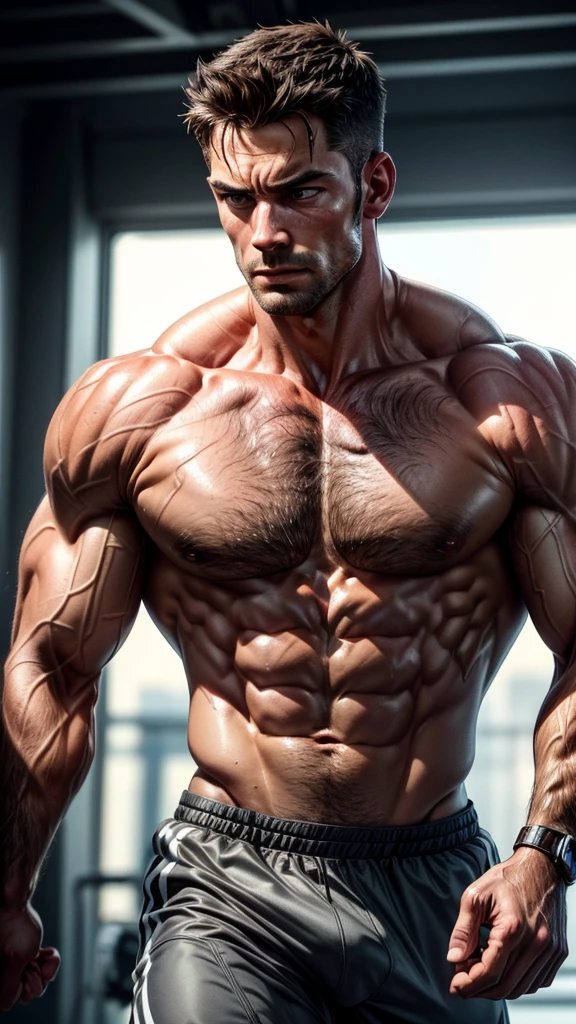 muscular athletic man, strong muscular body, dynamic running pose, powerful physique, marathon runner, veins popping out, shirtless, detailed facial features, rugged handsome face, sweat glistening skin, prime physical condition, dramatic lighting, cinematic angle, high contrast, warm color palette, dramatic shadows, (best quality,4k,8k,highres,masterpiece:1.2),ultra-detailed,(realistic,photorealistic,photo-realistic:1.37)