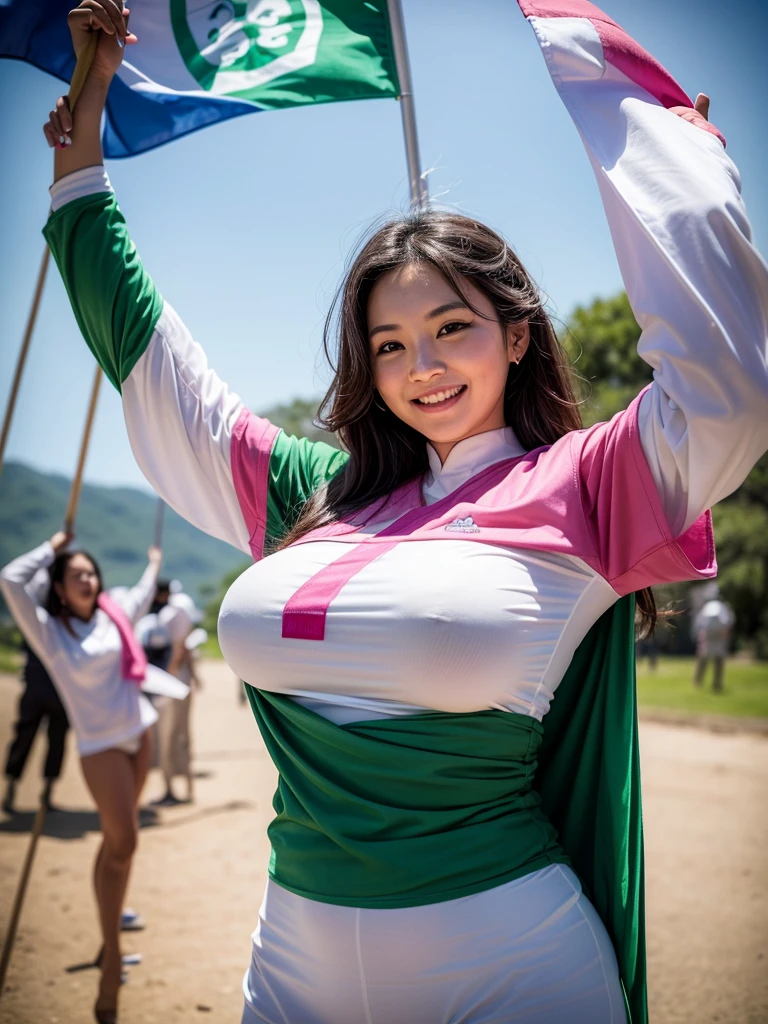 Photos from a wide perspective   A woman with big breasts smiles and holds up a cloth flag.  Wave it above your head.  It's a sign that says "NS HMONG" wearing a pink and green jersey with a white collar.   On the shirt was the large text "NS HMONG" on a light blue background