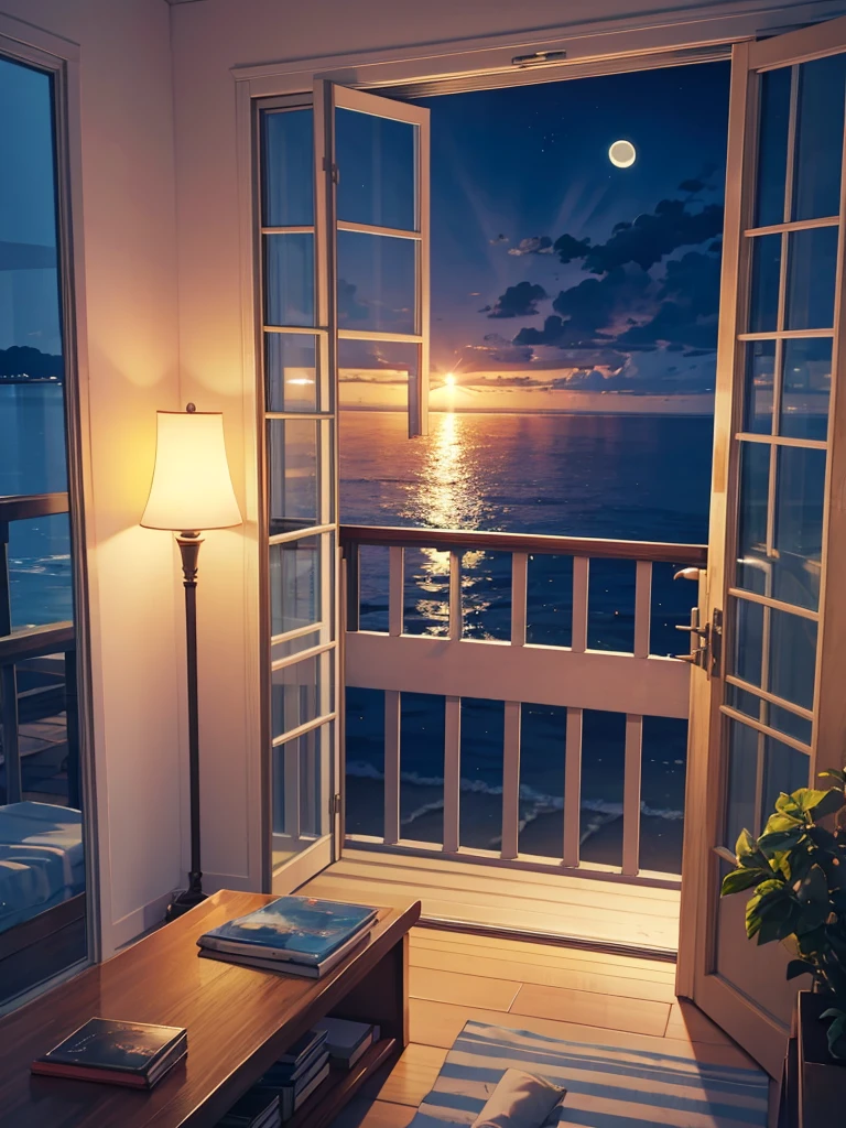 Masterpiece, Beautiful Beach view from windows, night time, cloudy, moon