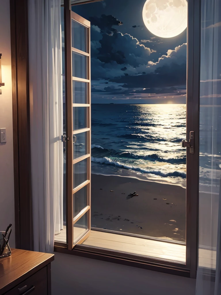 Masterpiece, Beautiful Beach view from windows, night time, cloudy, moon