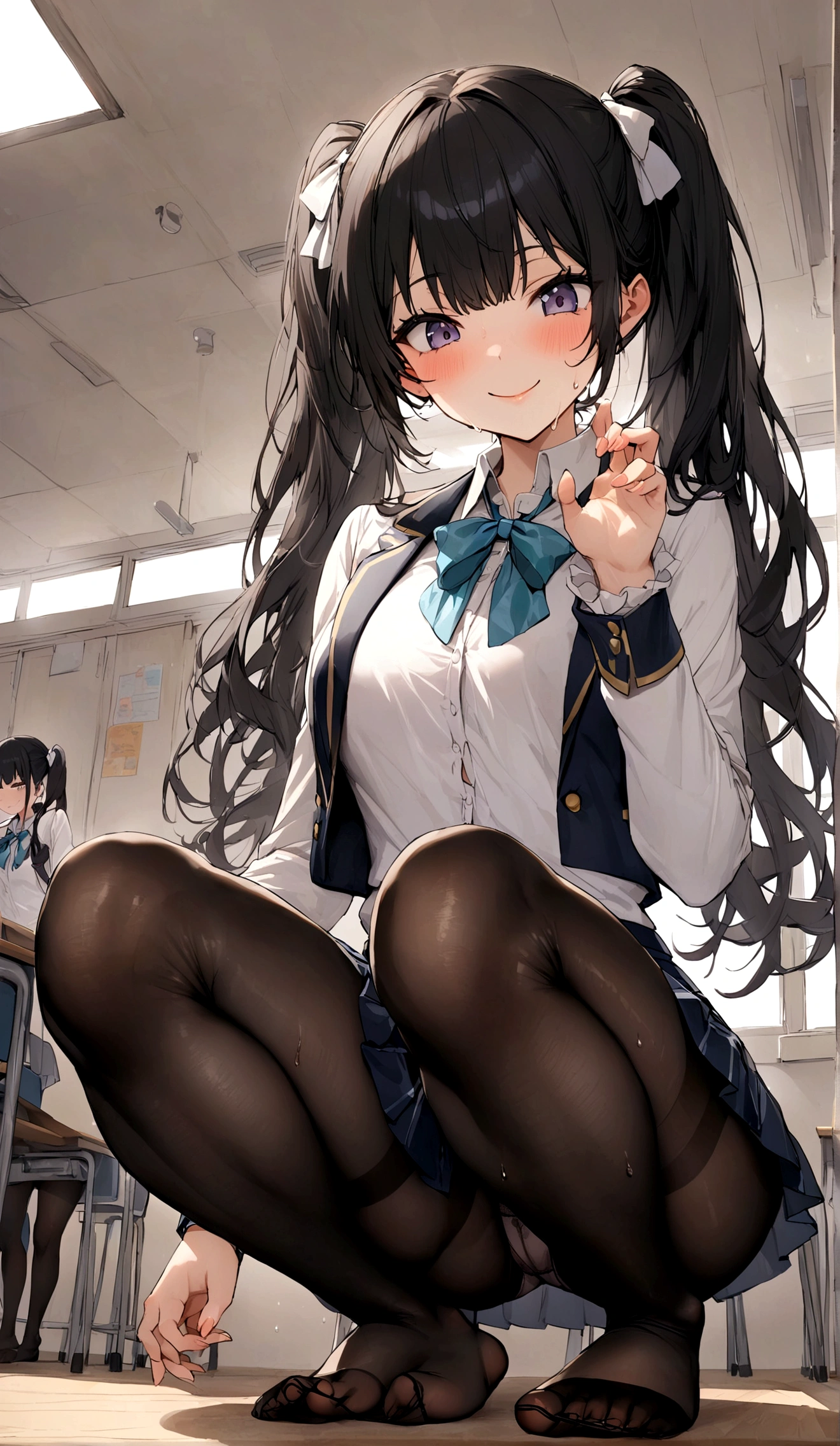 Yankee high school girl、One girl in a mini skirt, Squat with your legs wide apart、Looking down at the viewer, Twin tails, Highest quality, Focus on the thighs, Dynamic pose, smile, blazer, blouse, Black Pantyhose, panties under pantyhose, , classroom, Black Hair,My thighs are steaming between the legs 、Sweaty pantyhose、Show the soles of your feet here、My feet are stuffy
