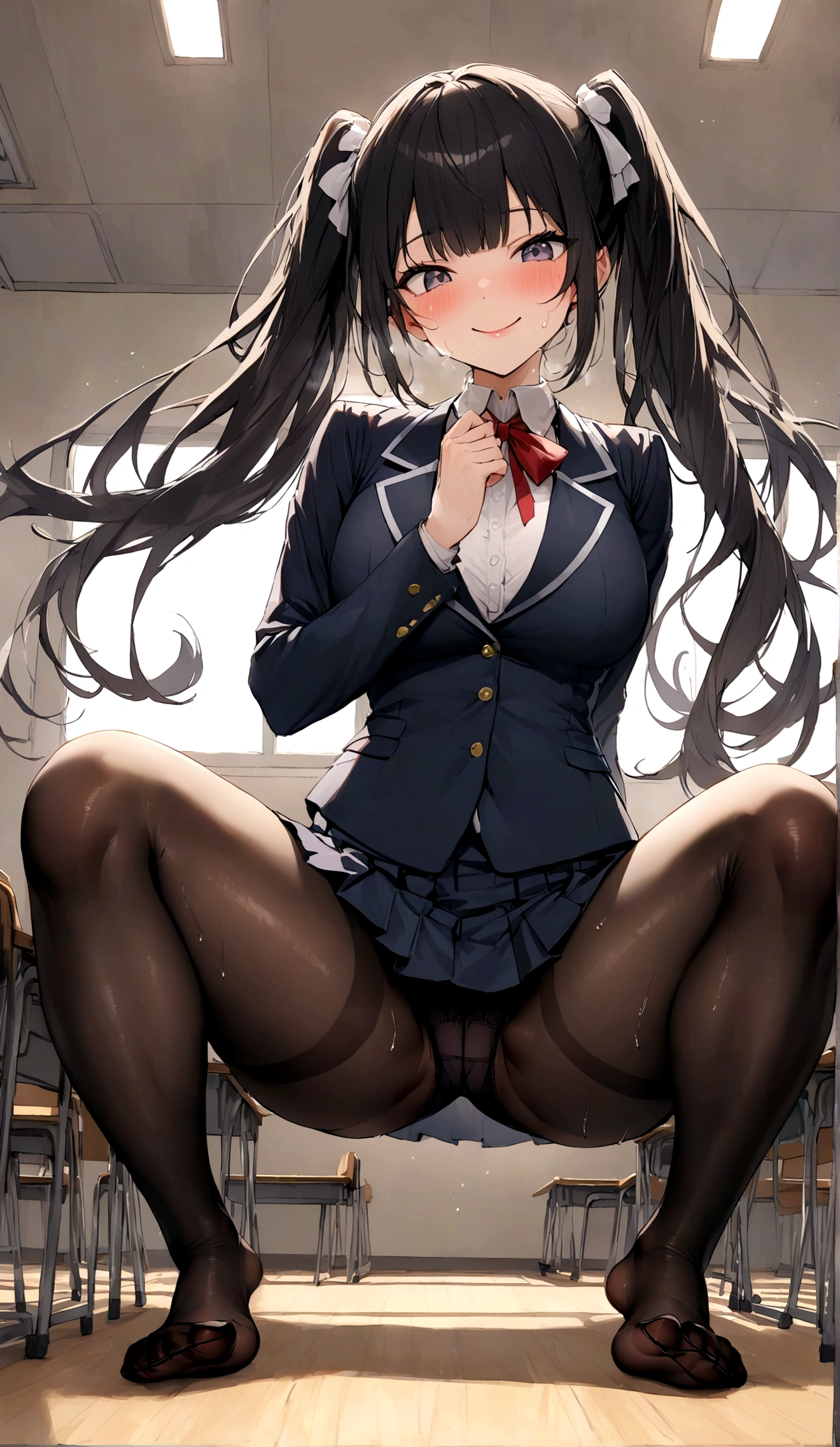 Yankee high school girl、One girl in a mini skirt, Squat with your legs wide apart、Looking down at the viewer, Twin tails, Highest quality, Focus on the thighs, Dynamic pose, smile, blazer, blouse, Black Pantyhose, panties under pantyhose, , classroom, Black Hair,My thighs are steaming between the legs 、Sweaty pantyhose、Show the soles of your feet here、My feet are stuffy