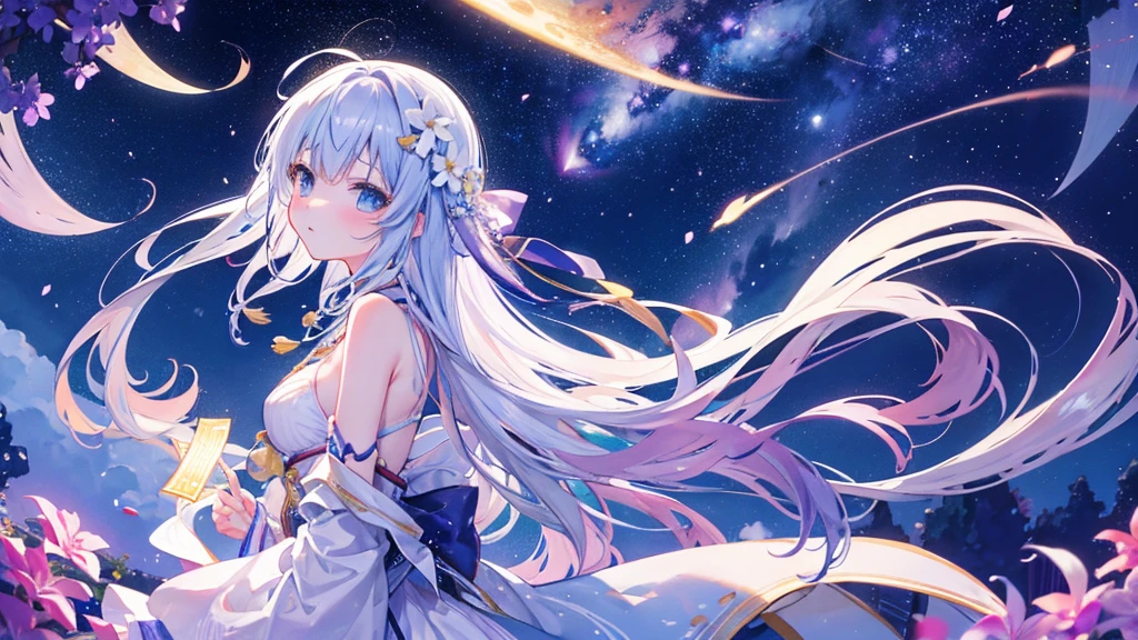 beutiful girl, light purple hair, long braid hair, galaxy, royal clothes, star, night sky