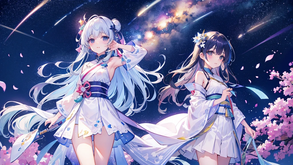 HairstyleとHair Color:
Hairstyle: long、Flowing blue hair。With silver highlights、Shining like moonlight。Hair is light and swaying in the wind。
Hair Color: Blue and silver gradation、Shining like moonlightがある。
Eye Design:
Eye color: In deep purple、There's a sparkle like stars in your eyes。まつ毛がlong、Mystical impressions。
Clothing and decoration:
tops: Lightweight chiffon blouse、Light pastel colors and floral patterns。Design that exposes shoulders and back a little。
Bottoms: A long skirt made of lightweight material。Flowing design that sways in the wind。
accessories: Moon and star motif jewelry。Star-shaped earringoon pendant around neck。Simple and elegant。
hat: Wide straw hat。Decorated with ribbons and stars。
Sandals: Lightweight and simple design。
Physical buildとposture:
Physical build: Slim and elegant、The figure is delicately feminine。Overall an elegant look。
posture: 自然で落ち着いたposture。Standing gracefully、Or walking lightly。
background:
A place rich in nature、A place where the starry sky and moonlight shine in。A little bit fantastical、Drawn to bring out the charm of Lunaris.。