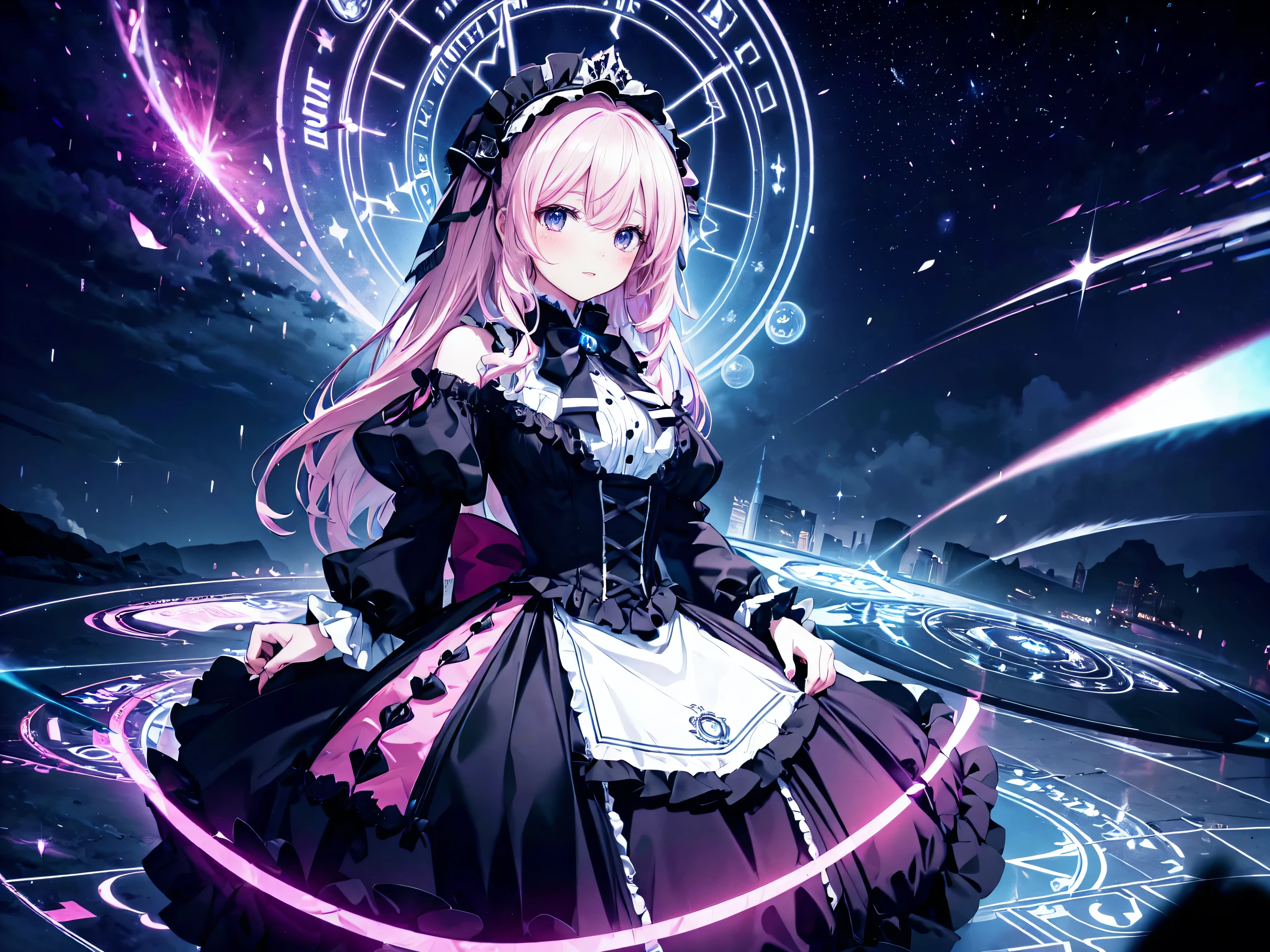 black and pink outfit sitting on a bench, top clothes pink sleeveless top clothes, Lolita Style, Lolita Fashion, Cute as an angel, black and pink gothic lolita dress, Magical Lolita Girl, Ruffled Costume, victorian gothic Lolita Fashion, Magic , Witchcore Outfit, , Layering, (((Masterpiece, Super detail, top quality, ultra high res, Spectacular Quality, Distinguished Quality, ultra detailed, unity 16k, ultra photo realistic))), (huge magic circle drawn in the sky and on the ground in night:1.5),